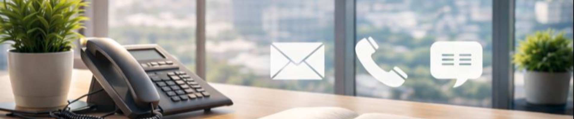 Modern office workspace with a laptop and desk accessories, featuring contact icons for email, phone, and live chat arranged horizontally, representing customer support and communication