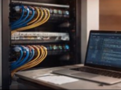 An open laptop with a small business network rack and patch panels in the background