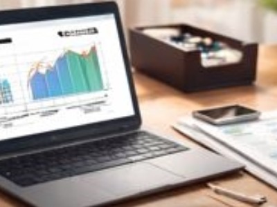 Business desk with an open laptop displaying a bar chart, coffee cup, clipboard, paperwork, and a calculator