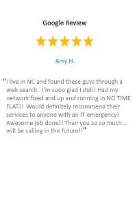 Five-star Google review describing fast and reliable IT support for a network issue.